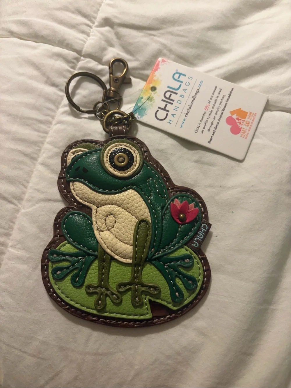 Chala Green Frog Leather Keyring Charm with Pink Flower